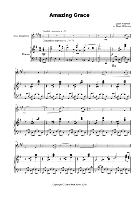 Amazing Grace, Concert Solo for Tenor Saxophone and Piano (arr. David McKeown)