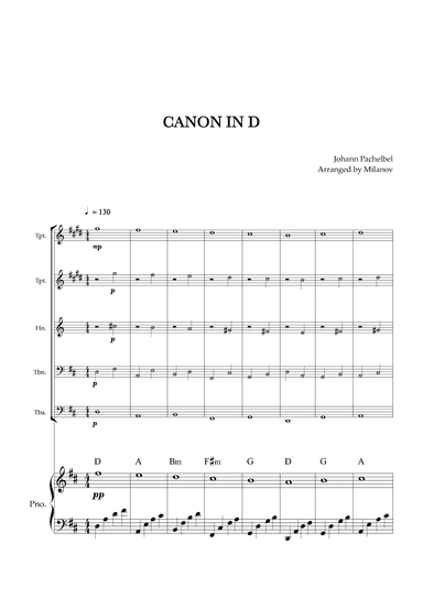 Canon in D | Pachelbel | Brass Quintet | Piano accompaniment (arr. Milanov)