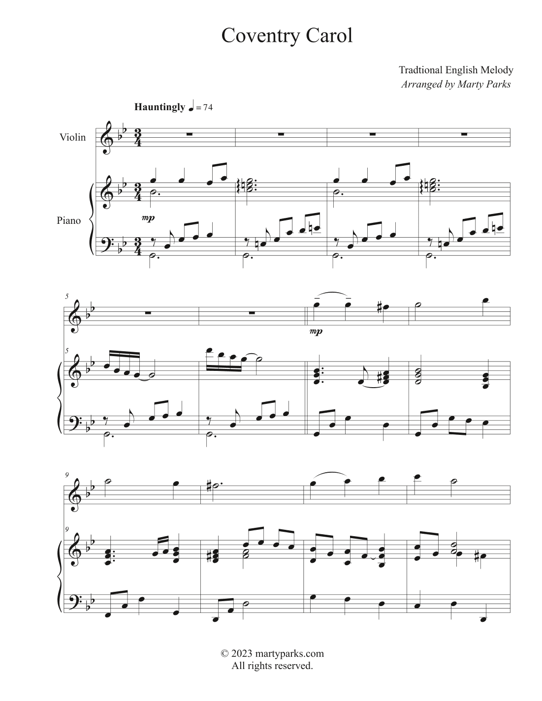 Coventry Carol (Violin-Piano) (arr. Marty Parks)