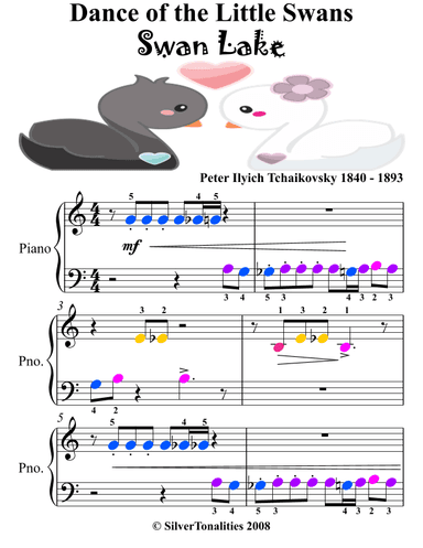Dance of the Little Swans Swan Lake Beginner Piano Sheet Music with Colored Notes (arr. SilverTonalities)