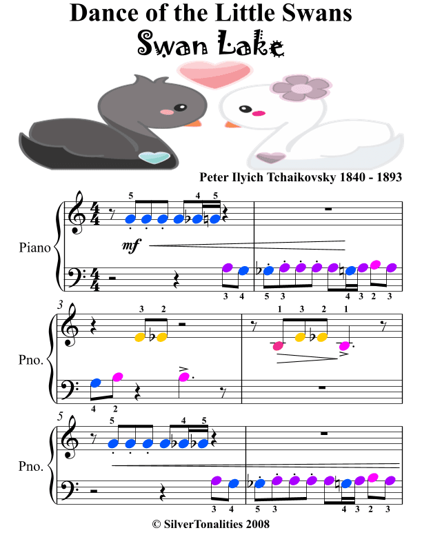 Dance of the Little Swans Swan Lake Beginner Piano Sheet Music with Colored Notes (arr. SilverTonalities)