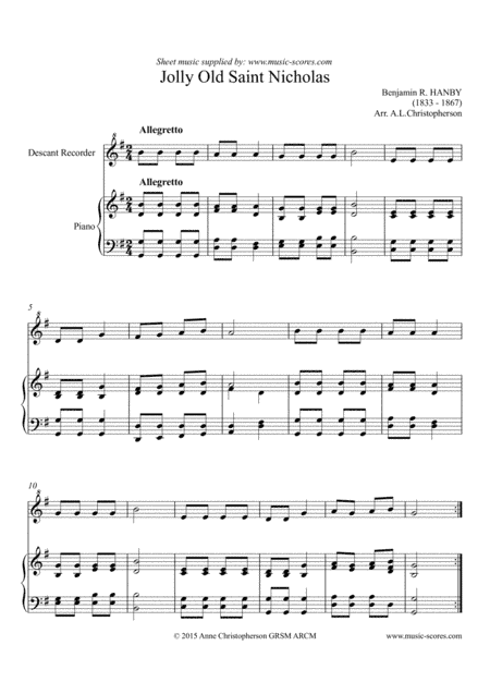 Jolly Old Saint Nicholas - Descant Recorder and Piano (arr. Anne L Christopherson GRSM ARCM)