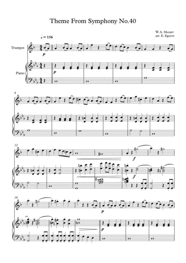 Theme From Symphony No.40, Wolfgang Amadeus Mozart, For Trumpet & Piano (arr. Eugene Egorov)