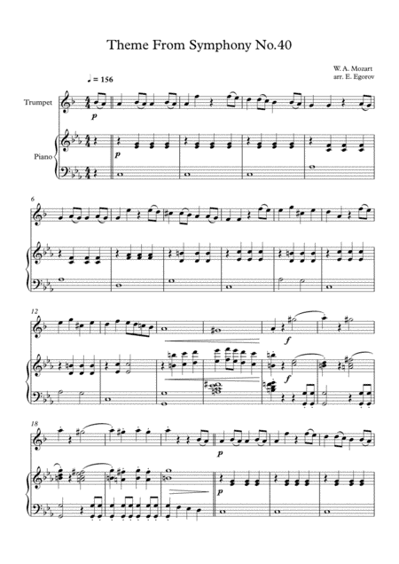 Theme From Symphony No.40, Wolfgang Amadeus Mozart, For Trumpet & Piano (arr. Eugene Egorov)