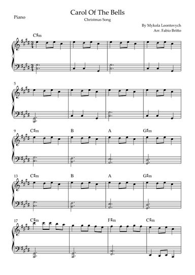 Carol Of The Bells (Christmas Song) for Easy Piano Solo with Chords (E/C#m) (arr. Fabio Britto)