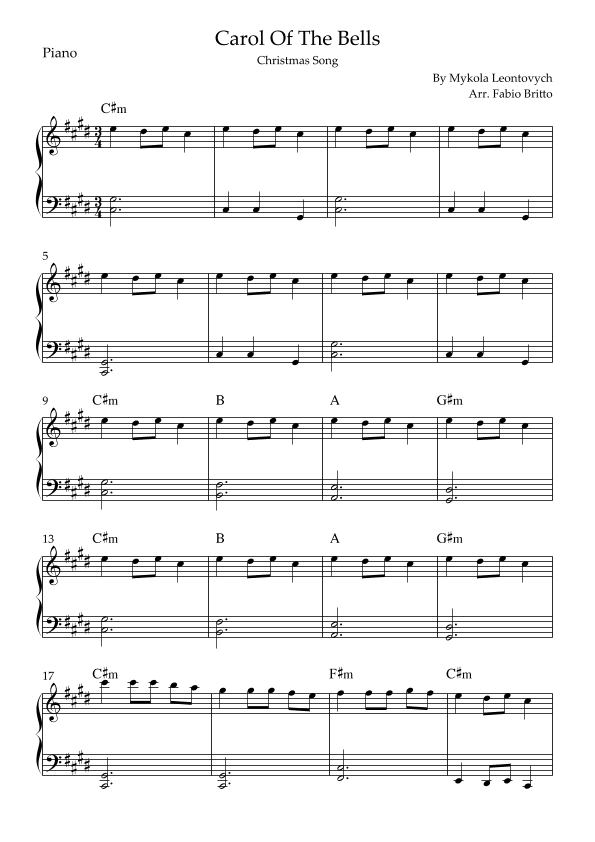 Carol Of The Bells (Christmas Song) for Easy Piano Solo with Chords (E/C#m) (arr. Fabio Britto)
