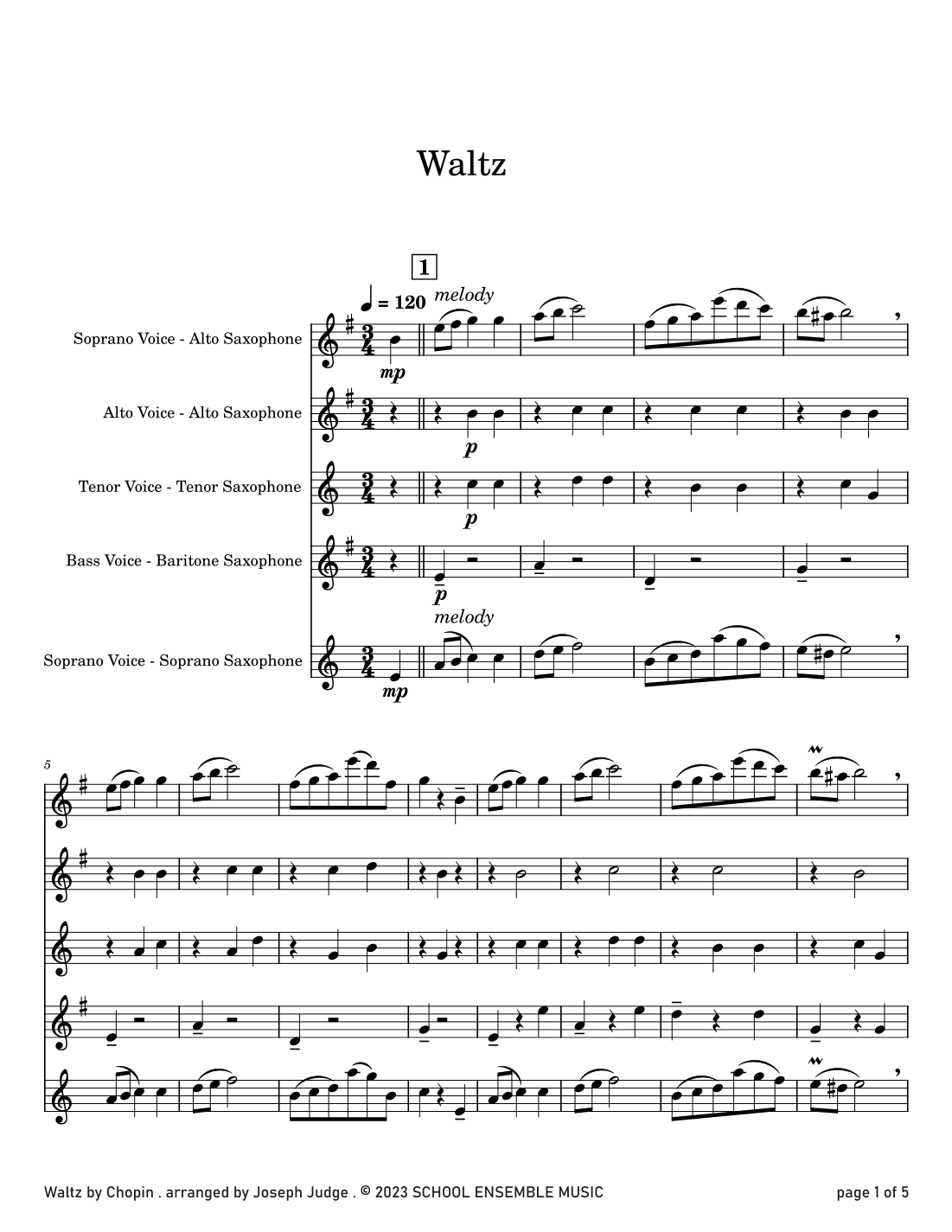 Waltz by Chopin for Saxophone Quartet in Schools (arr. Joseph Judge)