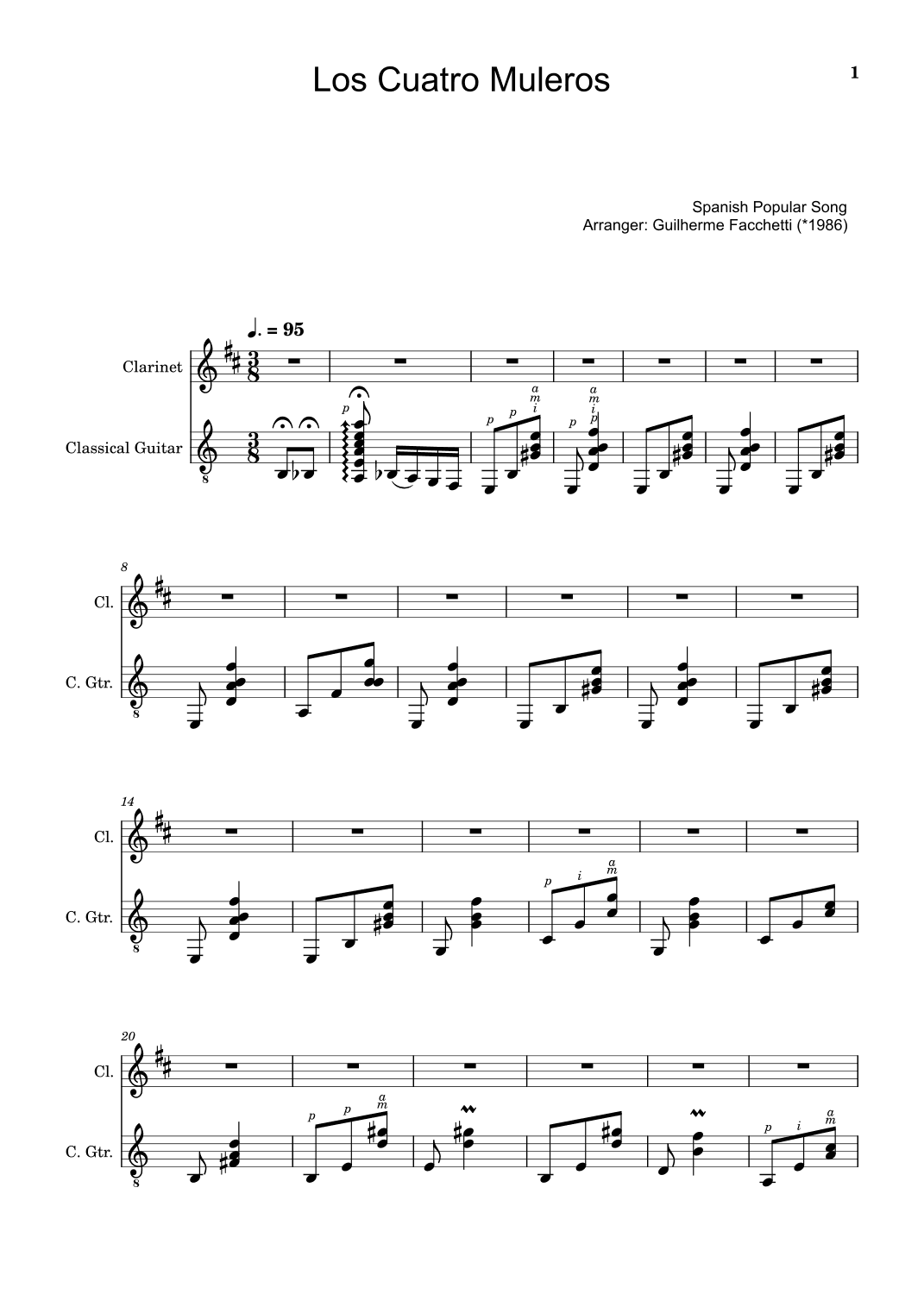 Spanish Popular Song - Los Cuatro Muleros. Arrangement for Clarinet and Classical Guitar. (arr. Guilherme Facchetti)