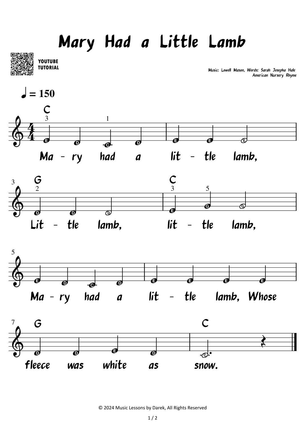 Mary Had a Little Lamb (VERY EASY PIANO) [Sarah Josepha Hale] (arr. Darek)