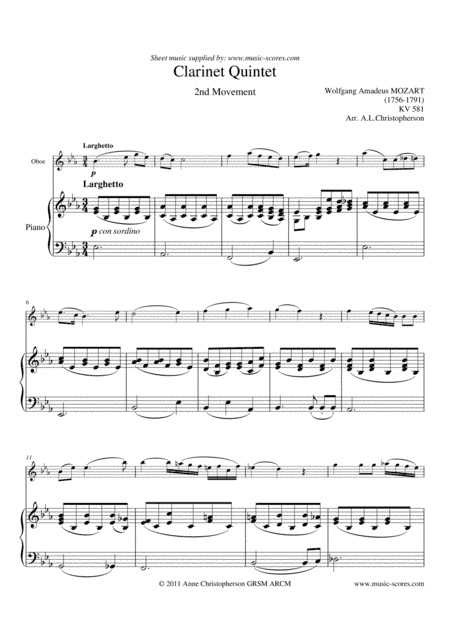 Larghetto from Mozart's Clarinet Quintet - Oboe and Piano (arr. Anne L Christopherson GRSM ARCM)