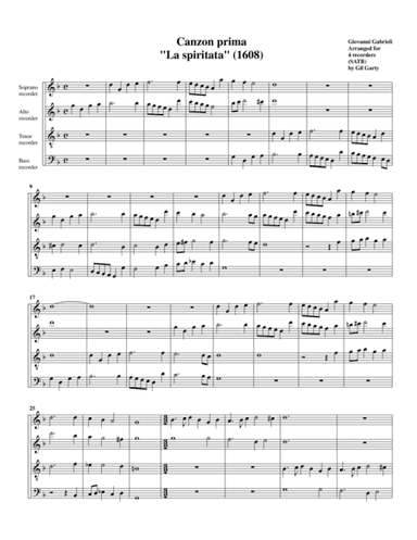 Canzon no.1 "La Spiritata" a4 (1608) (arrangement for 4 recorders) (arr. Gil Garty)