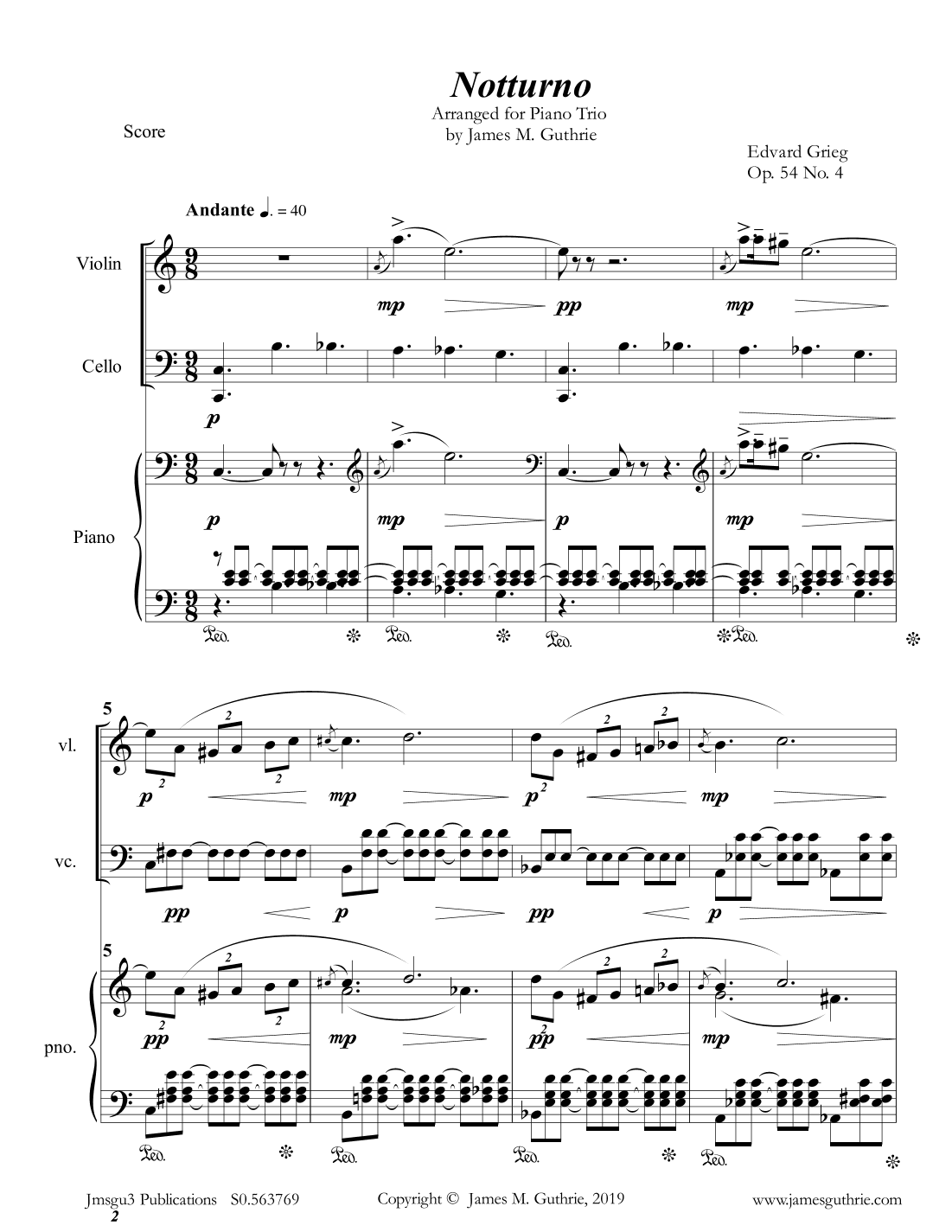 Grieg: Notturno Op. 54 No. 3 for Piano Trio (arr. James M. Guthrie)