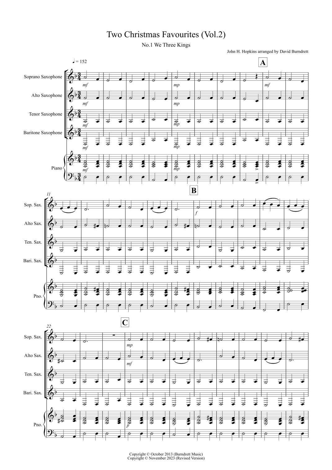 2 Christmas Favourites for Saxophone Quartet (volume two) (arr. David Burndrett)