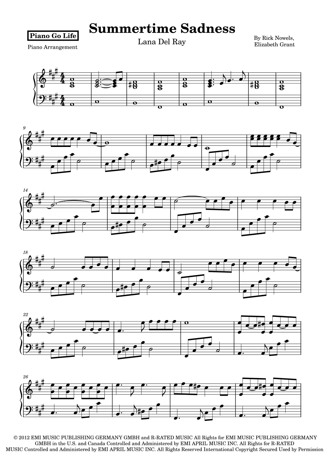 Summertime Sadness (arr. Piano Go Life)
