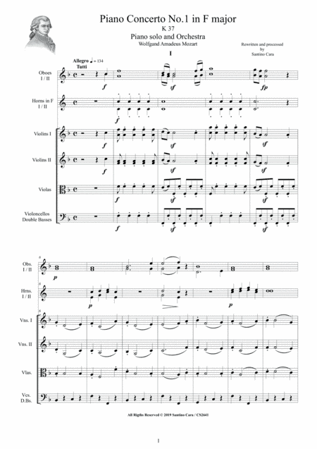 Mozart - Piano Concerto No.1 in F major K 37 for Piano solo and Orchestra - Score and Parts (arr. Santino Cara)