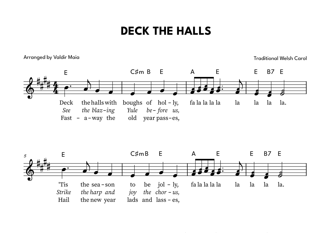 Deck The Halls - Lead Sheet in E (arr. Valdir Maia)