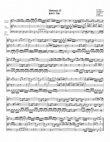 Sinfonia (Three part invention) no.12, BWV 798 (arrangement for 3 recorders) (arr. Gil Garty)