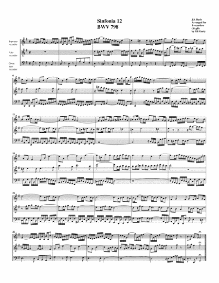 Sinfonia (Three part invention) no.12, BWV 798 (arrangement for 3 recorders) (arr. Gil Garty)