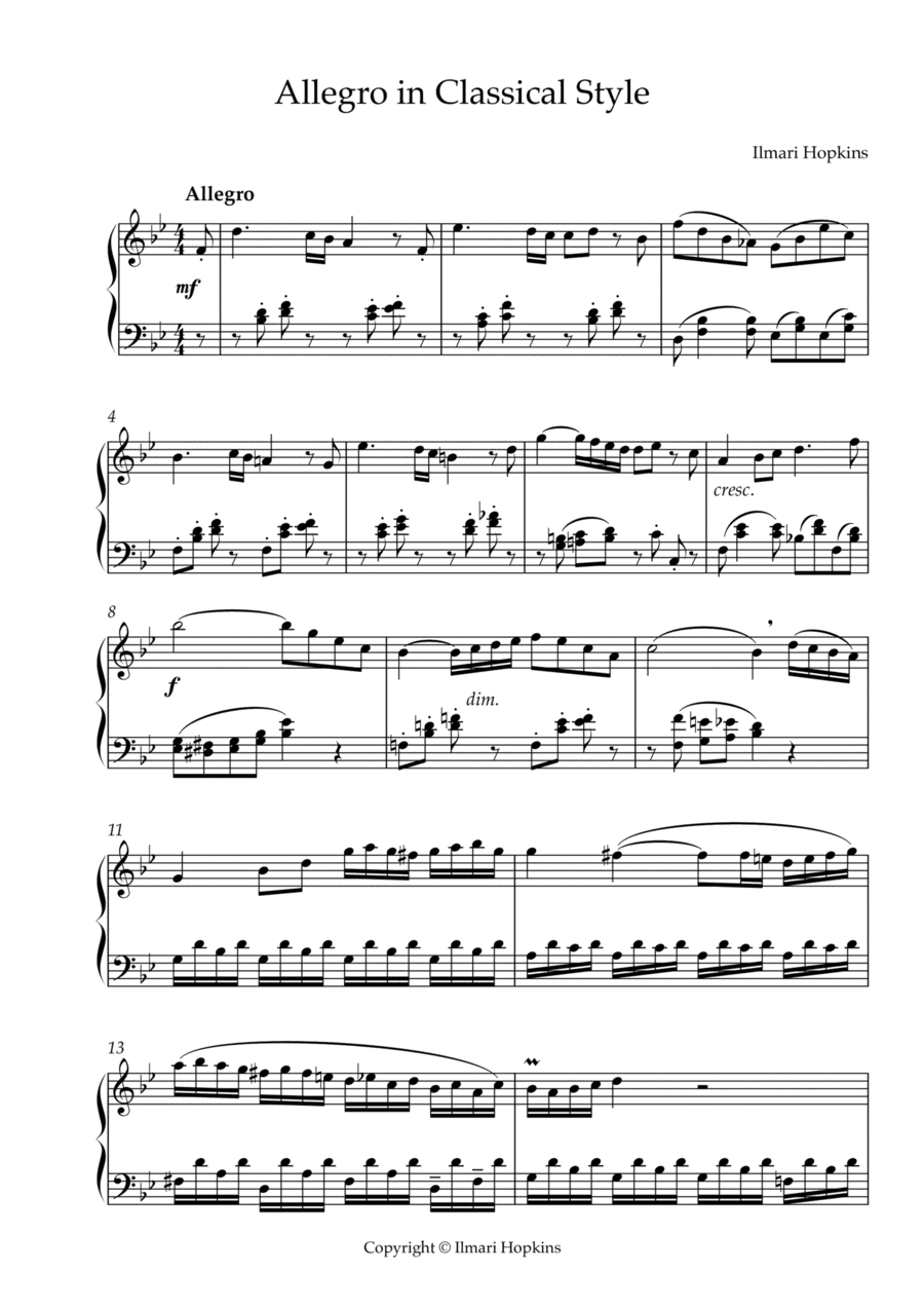 Allegro in Classical Style for piano solo by Ilmari Hopkins