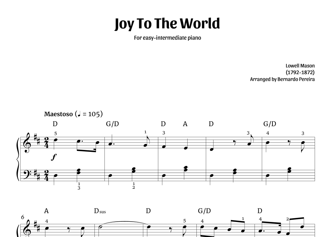 Joy to the World (easy-intermediate piano – D major) (arr. Bernardo Pereira)