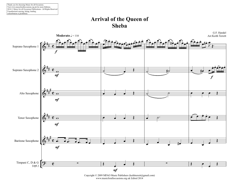 The Arrival of the Queen of Sheba for Saxophone Quintet (arr. Keith Terrett)