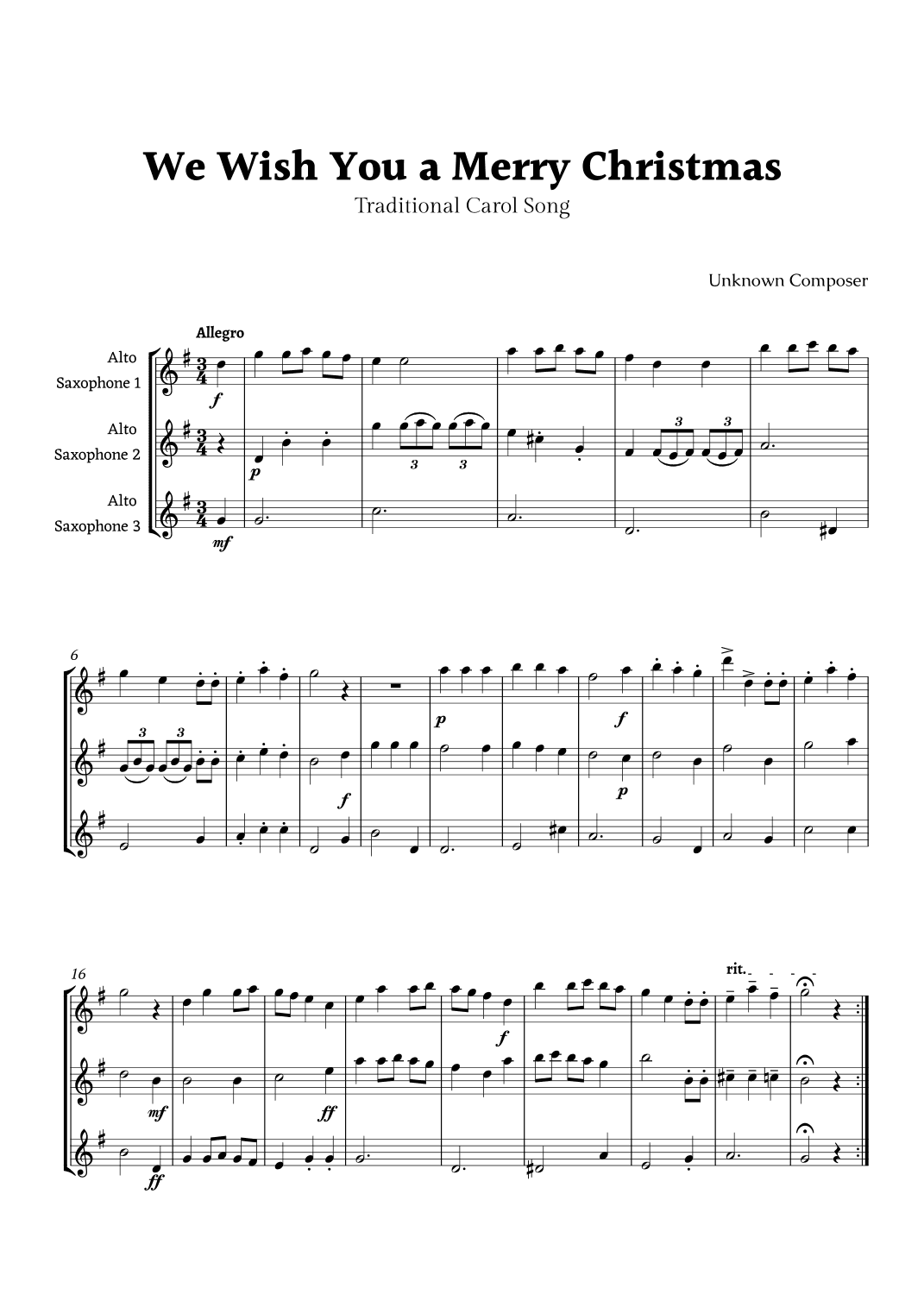 We Wish you a Merry Christmas for Alto Saxophone Trio (arr. Rika K.)