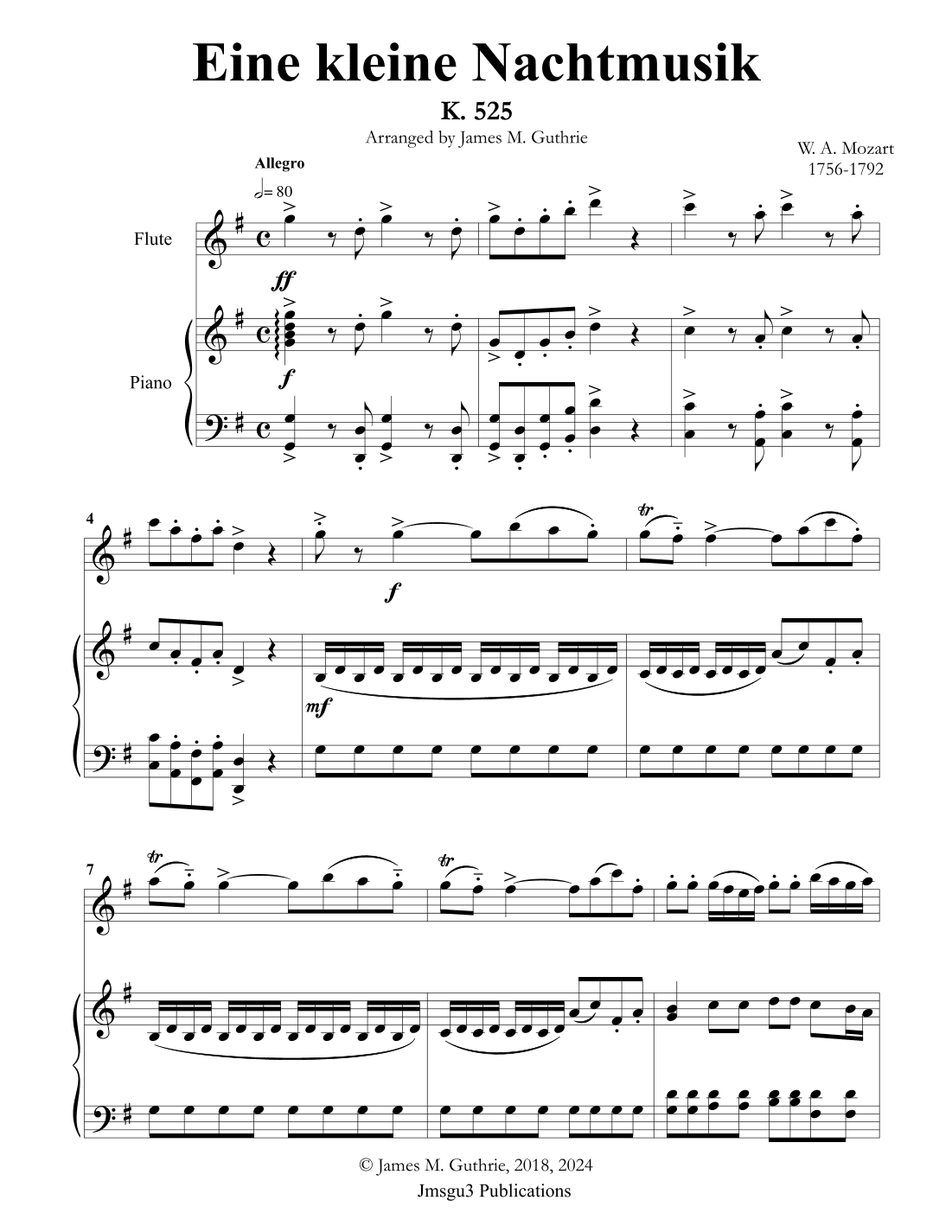 Mozart: Eine kleine Nachtmusik for Flute & Piano (arr. James M. Guthrie, ASCAP)