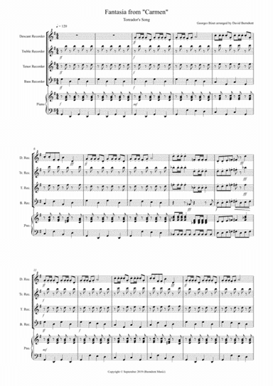 Toreador's Song (Fantasia from Carmen) for Recorder Quartet (arr. David Burndrett)