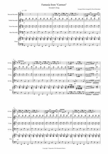 Toreador's Song (Fantasia from Carmen) for Recorder Quartet (arr. David Burndrett)