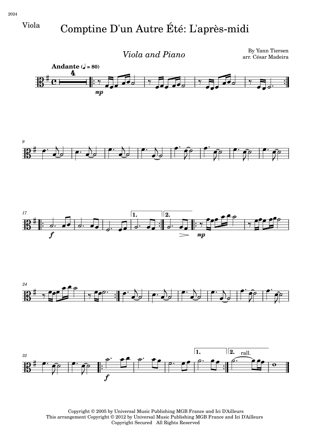 Comptine D'un Autre Été: L'après-midi (arr. César Madeira)