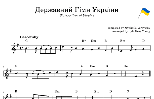 State Anthem Of Ukraine (treble clef lead sheet w/ chords) (arr. Kyle Gray Young)