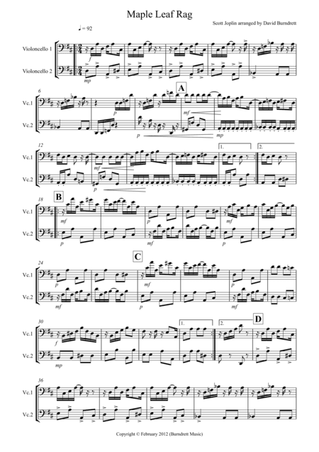 Maple Leaf Rag for Cello Duet (arr. David Burndrett)