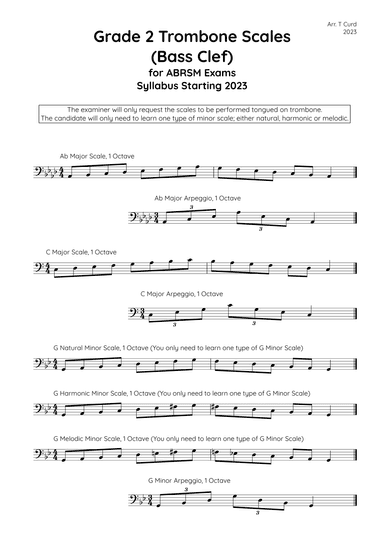 Trombone Scales (bass clef) Grade 2. For the new ABRSM Syllabus from 2023. (arr. Tim Curd)