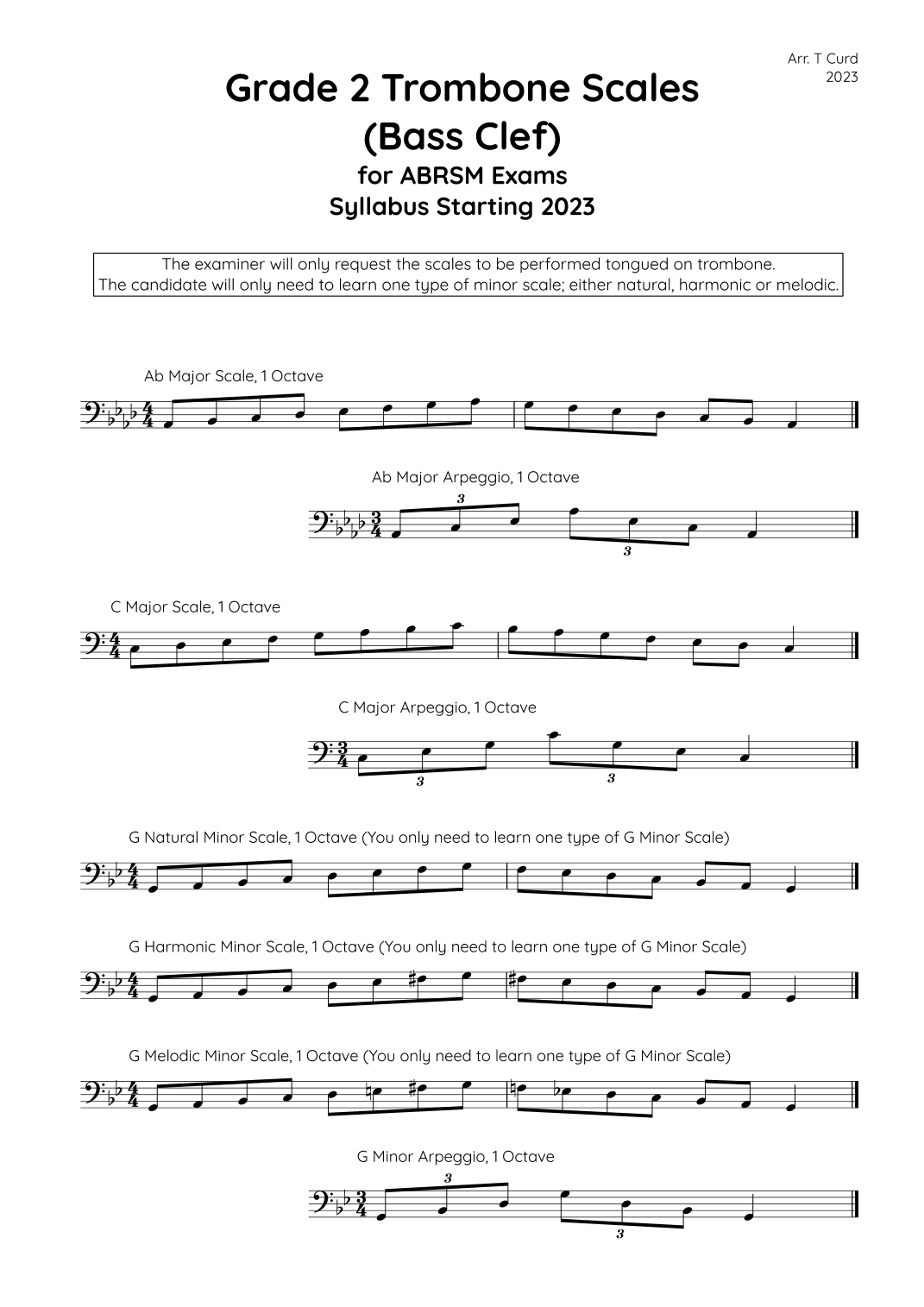 Trombone Scales (bass clef) Grade 2. For the new ABRSM Syllabus from 2023. (arr. Tim Curd)