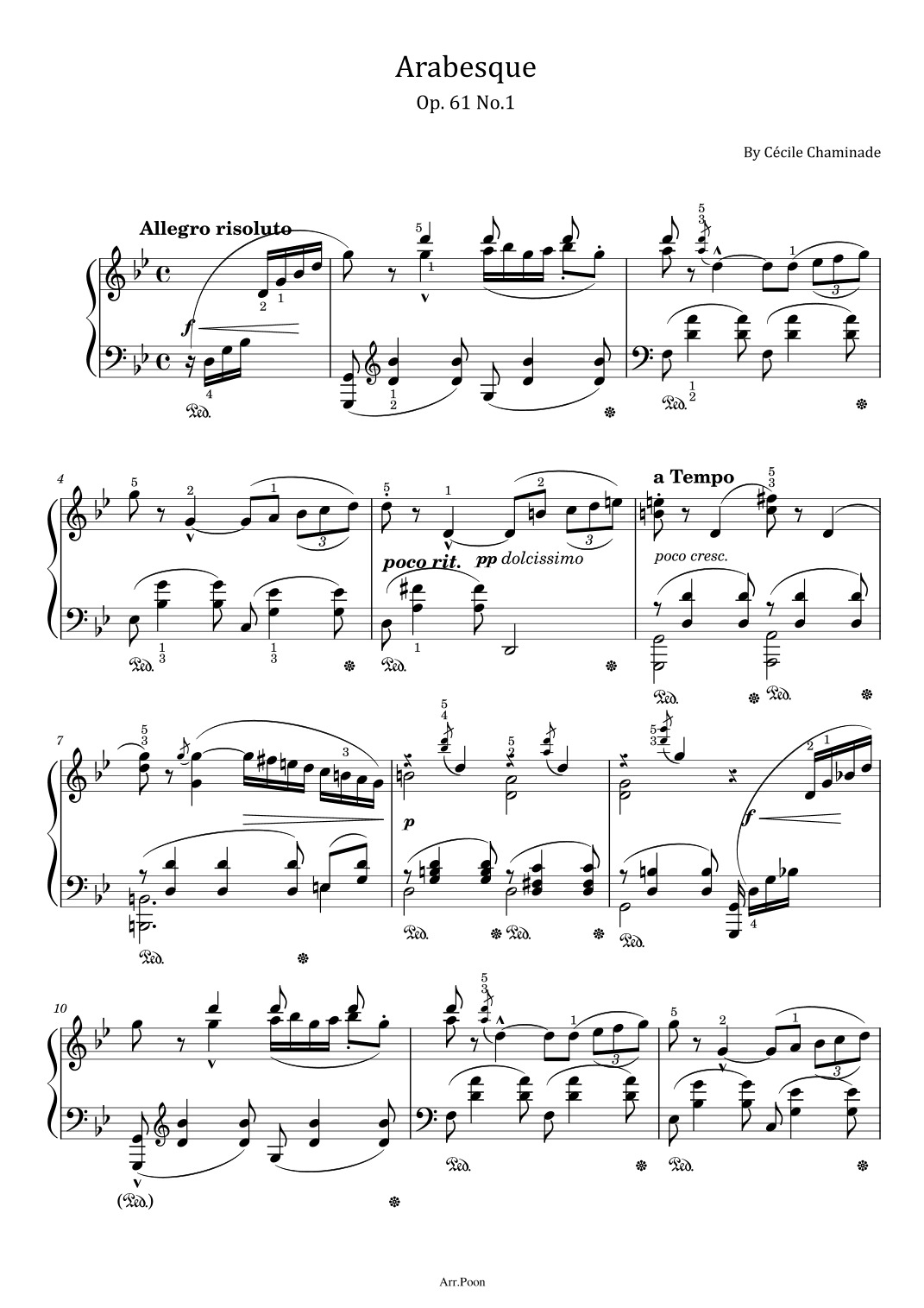 Chaminade - Arabesque - Op. 61 No.1 - In G Minor - Original With Fingered - For Piano Solo (arr. poon)