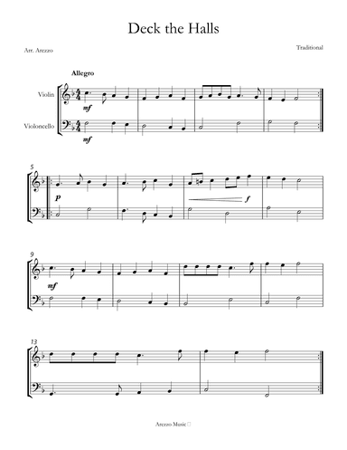 deck the halls violin and cello sheet music (arr. Arezzo Music)