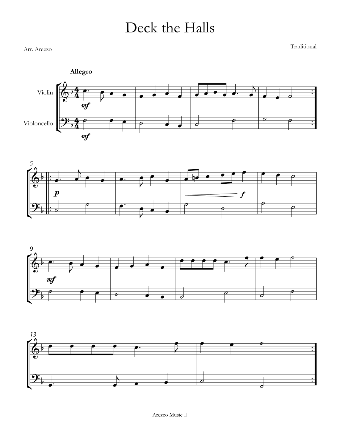 deck the halls violin and cello sheet music (arr. Arezzo Music)