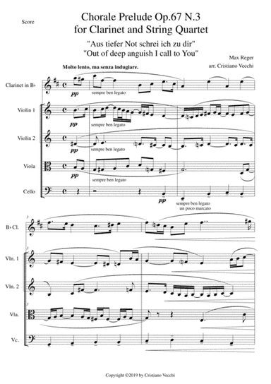 Chorale Prelude Op.67 N.3 for Clarinet and String Quartet (arr. Cristiano Vecchi)