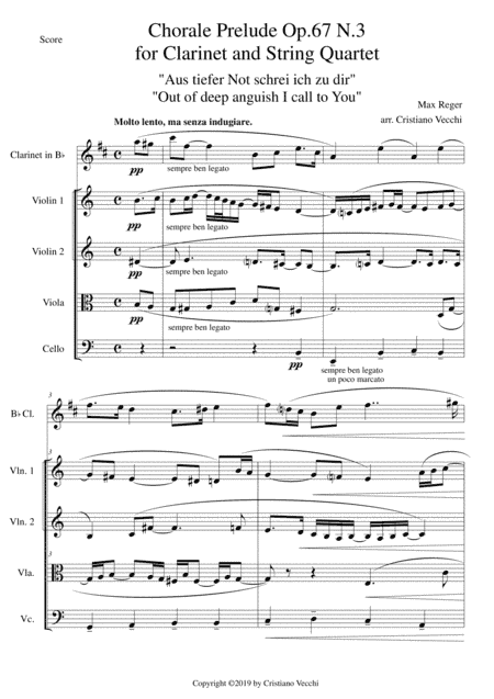 Chorale Prelude Op.67 N.3 for Clarinet and String Quartet (arr. Cristiano Vecchi)