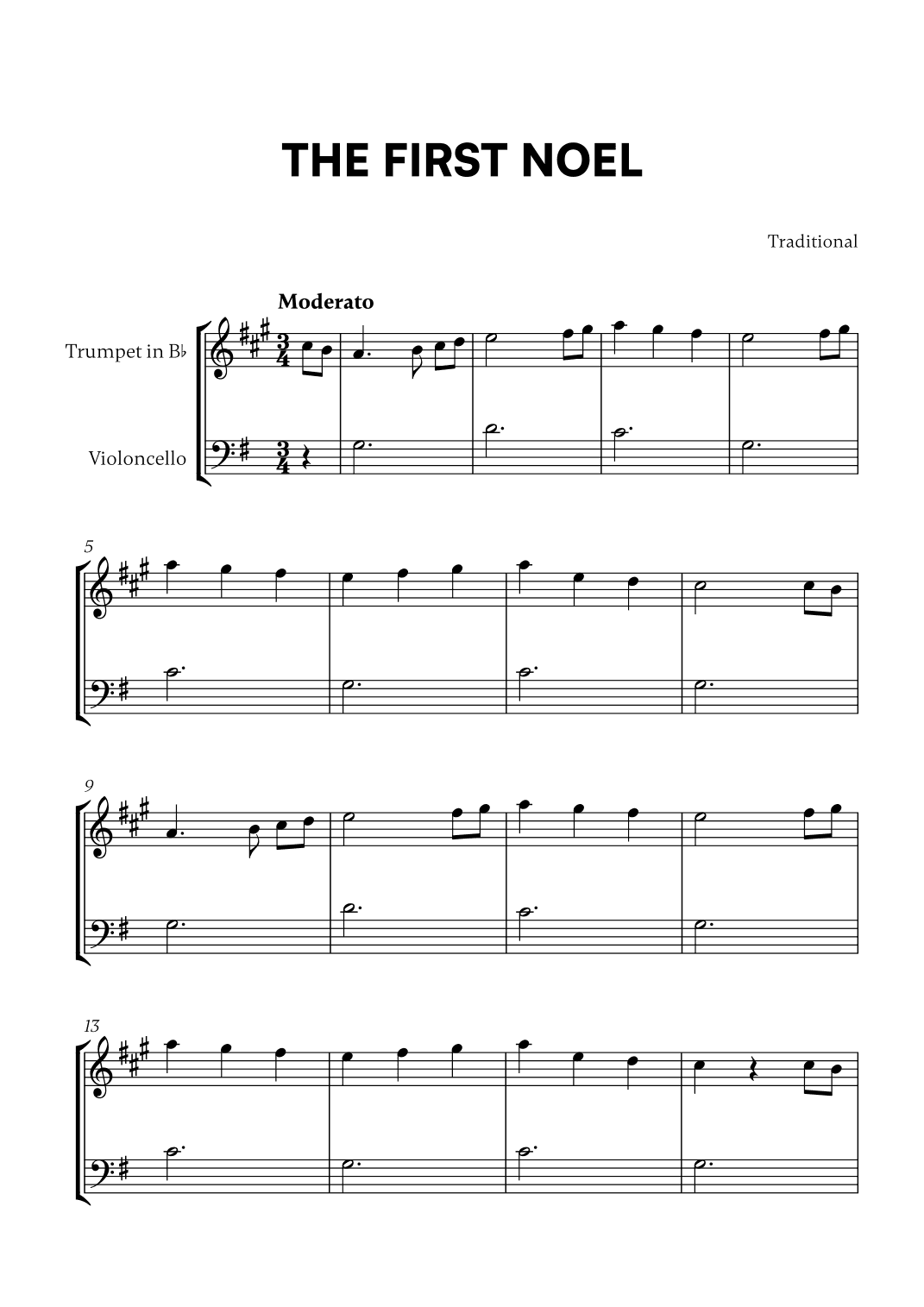Traditional - The First Noel (G Major) (for Trumpet in Bb and Cello) (arr. Cadenza Editions)