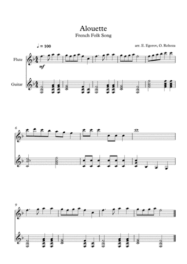 Alouette, French Folk Song, For Flute & Guitar
