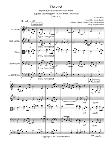 Thaxted (hymn tune based on excerpt from "Jupiter" from The Planets) (Bb) (String Quintet - 2 Violin (arr. Regis Bookshar)