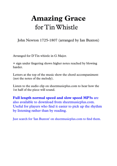 Amazing Grace for Tin whistle with chords (arr. Ian Buxton)