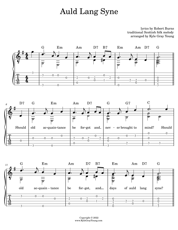 Auld Lang Syne (easy fingerstyle guitar tablature) (arr. Kyle Gray Young)