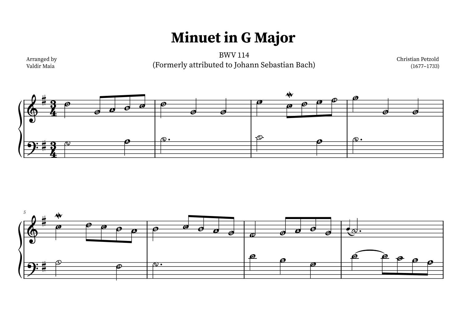 Minuet in G (BWV 114)  with Note Names (arr. Valdir Maia)