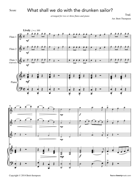What shall we do with the drunken sailor? for two or three flutes and piano (arr. Brett Thompson)