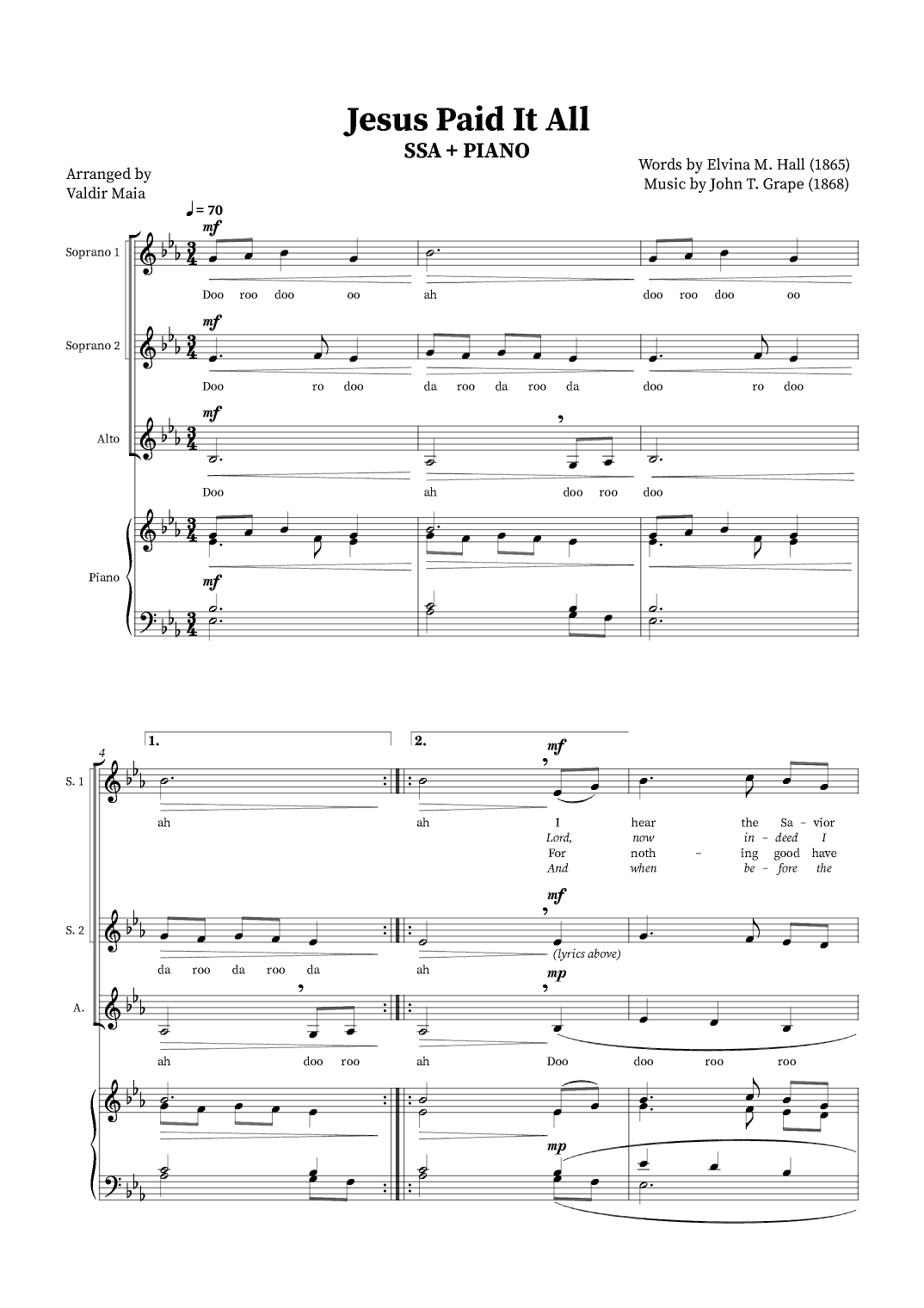 Jesus Paid It All - SSA Trio or Choir (Piano accompaniment) (arr. Valdir Maia)