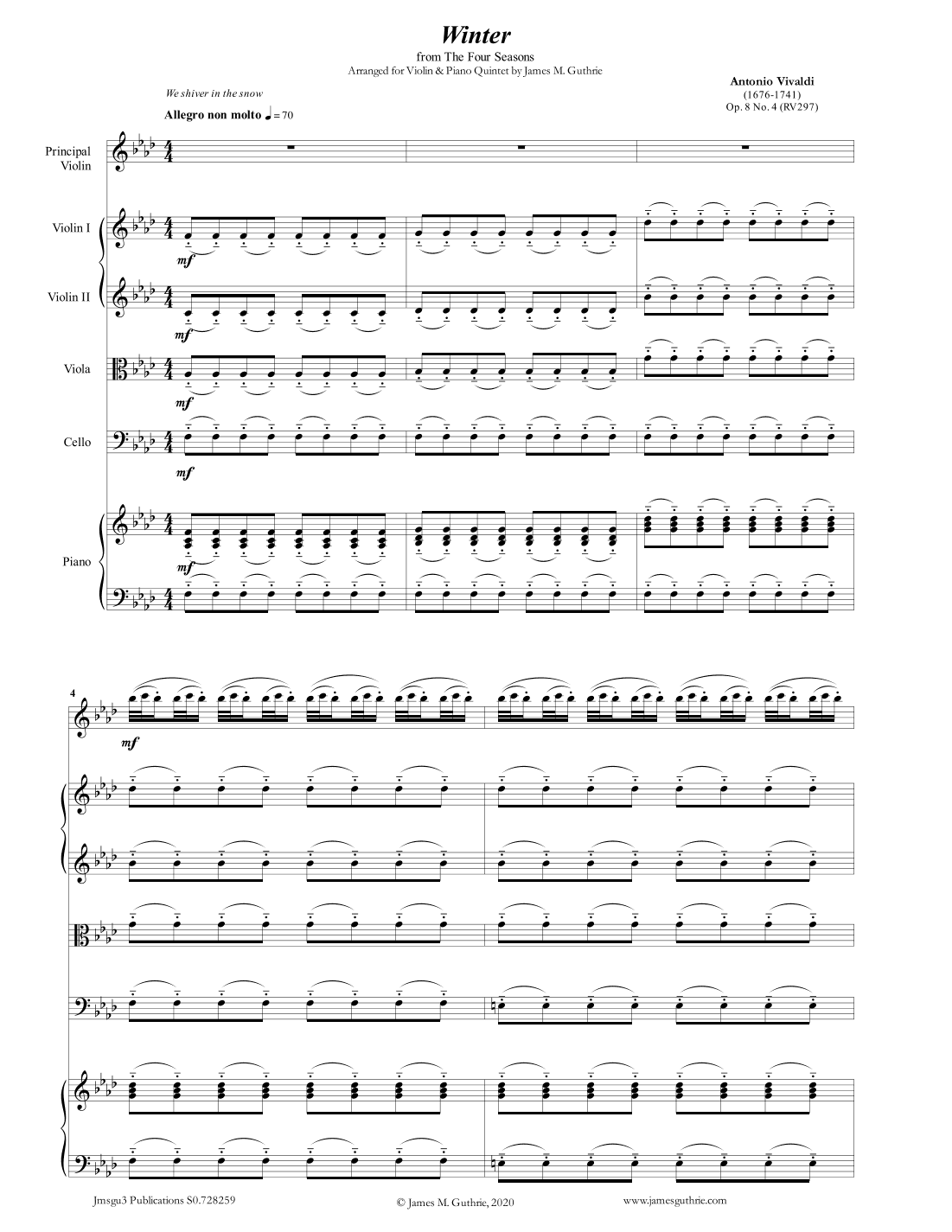 Vivaldi: Winter from the Four Seasons for Violin & Piano Quintet (arr. James M. Guthrie, ASCAP)