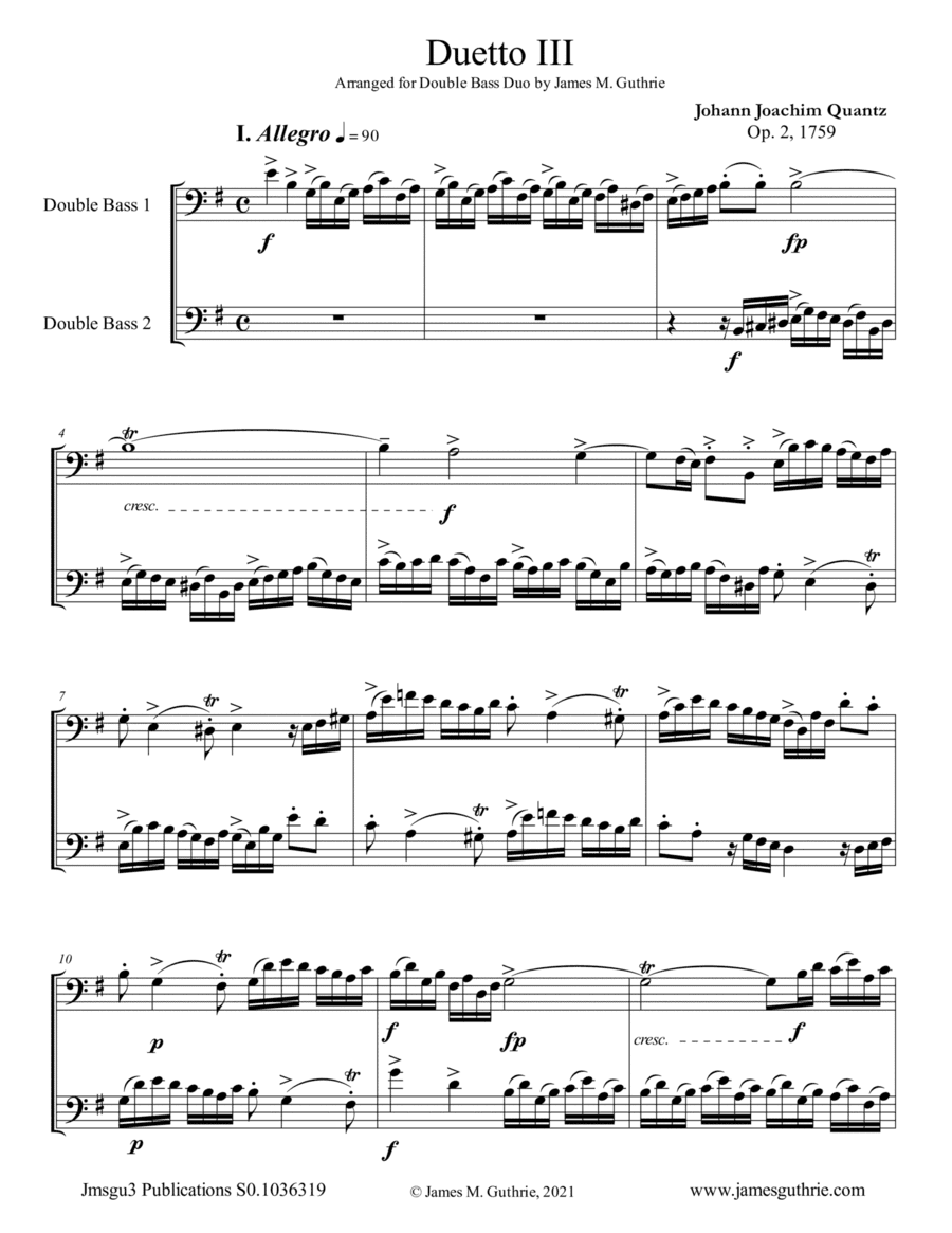 Quantz: Duetto Op. 2 No. 3 for Double Bass Duo (arr. James M. Guthrie)