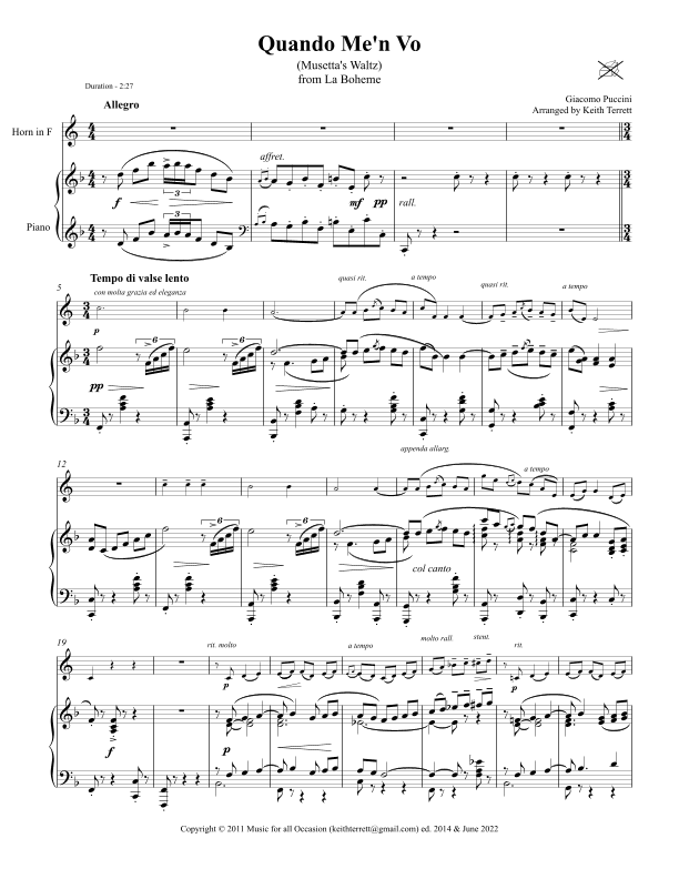 Quando Me'n Vo for French Horn  & Piano (arr. Keith Terrett)